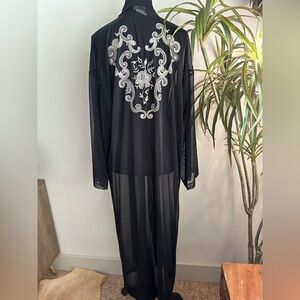 La Blanca black mesh kimono robe white floral embroidery M